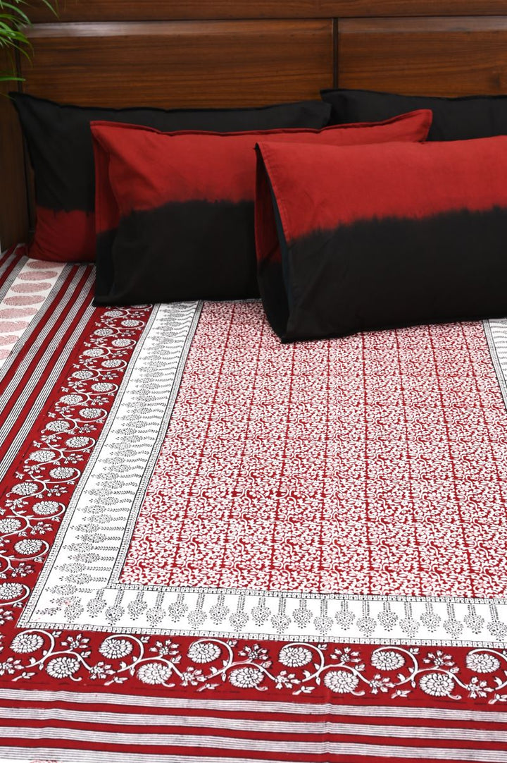 Red Floral Jaal Bagh Block Print Cotton Bedsheet