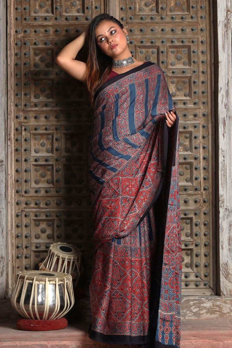 Buy Indigo Stria Ajrakh Modal Silk Saree - House Of Elegance