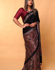 Red Black Ajrakh Modal Silk Saree