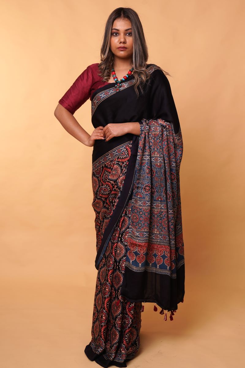 Black Ajrakh Modal Silk Saree