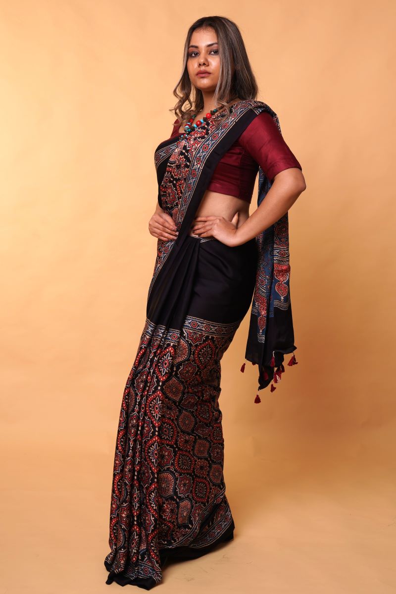 Red Ajrakh Modal Silk Saree