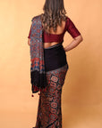 Red Black Modal Silk Ajrakh Saree