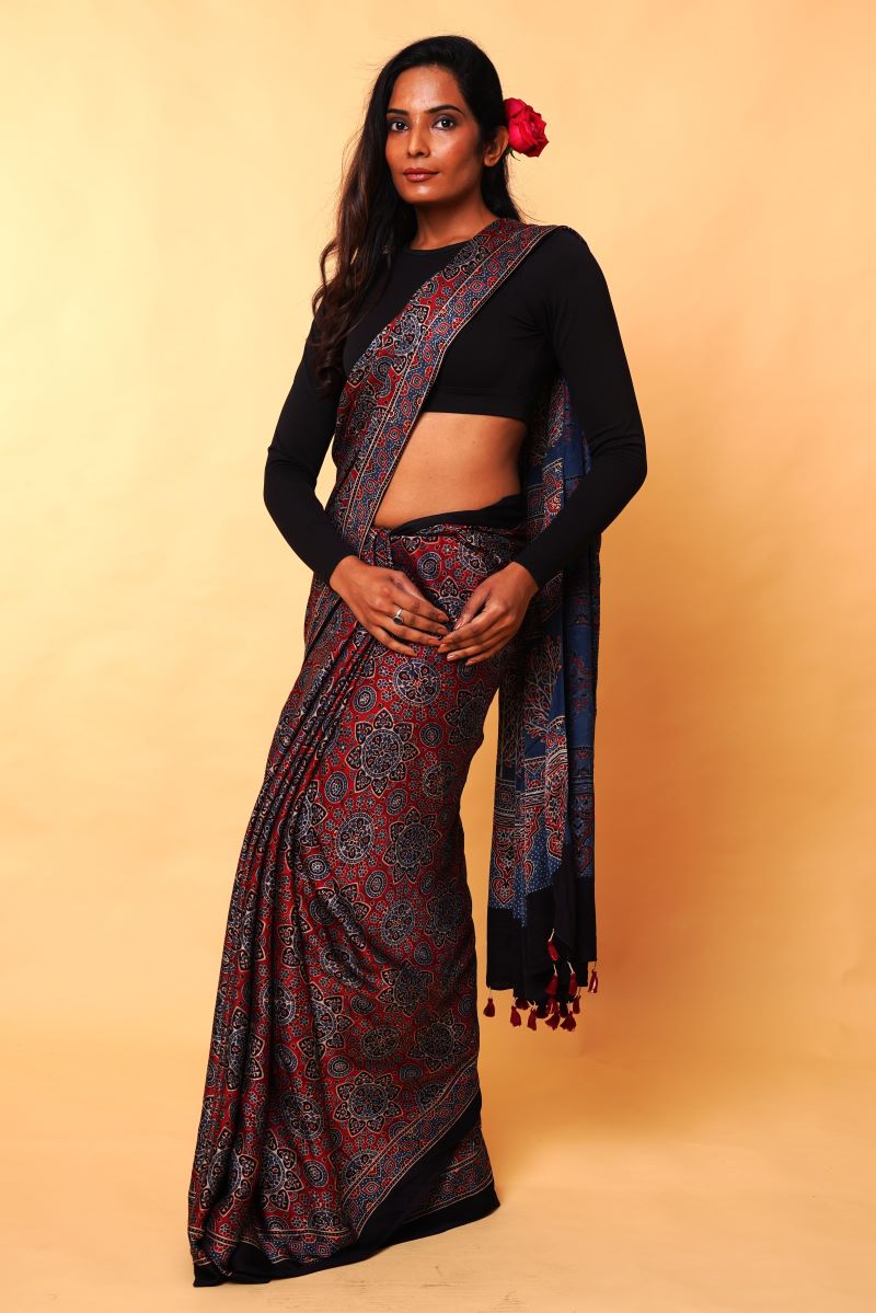 Blue Ajrakh Modal Silk Saree