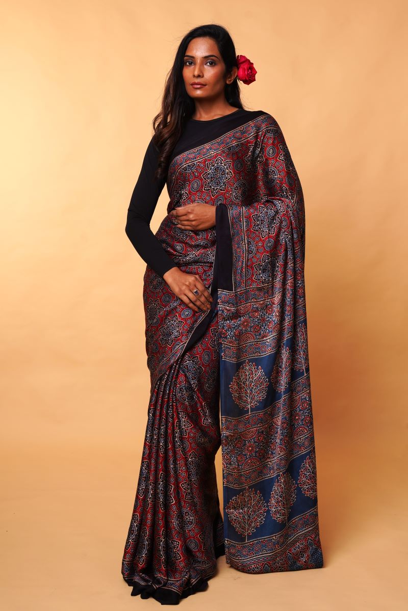 Blue Ajrakh Modal Silk Saree
