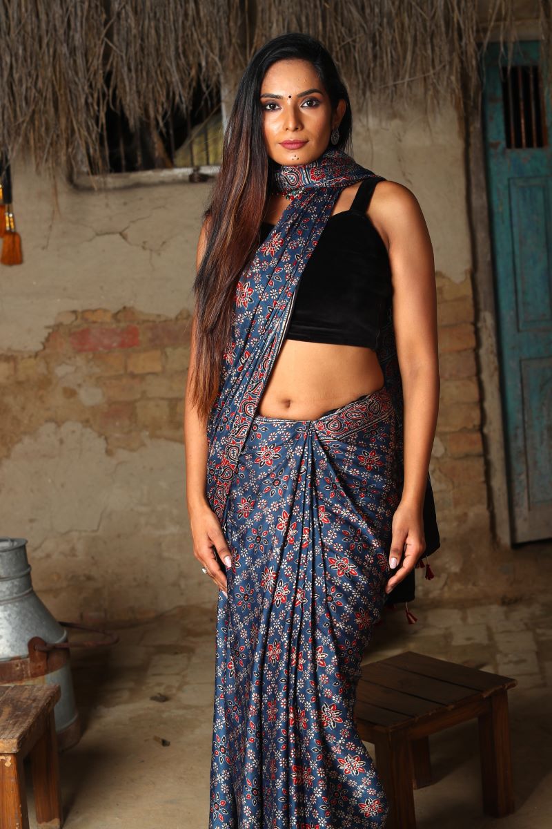 Exclusive dark blue block printed Ajrakh modal silk saree – Sujatra