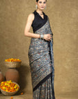 Blue Floral Jaal Ajrakh Modal Silk Saree
