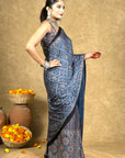 Blue Starry Stria Ajrakh Modal Silk Saree
