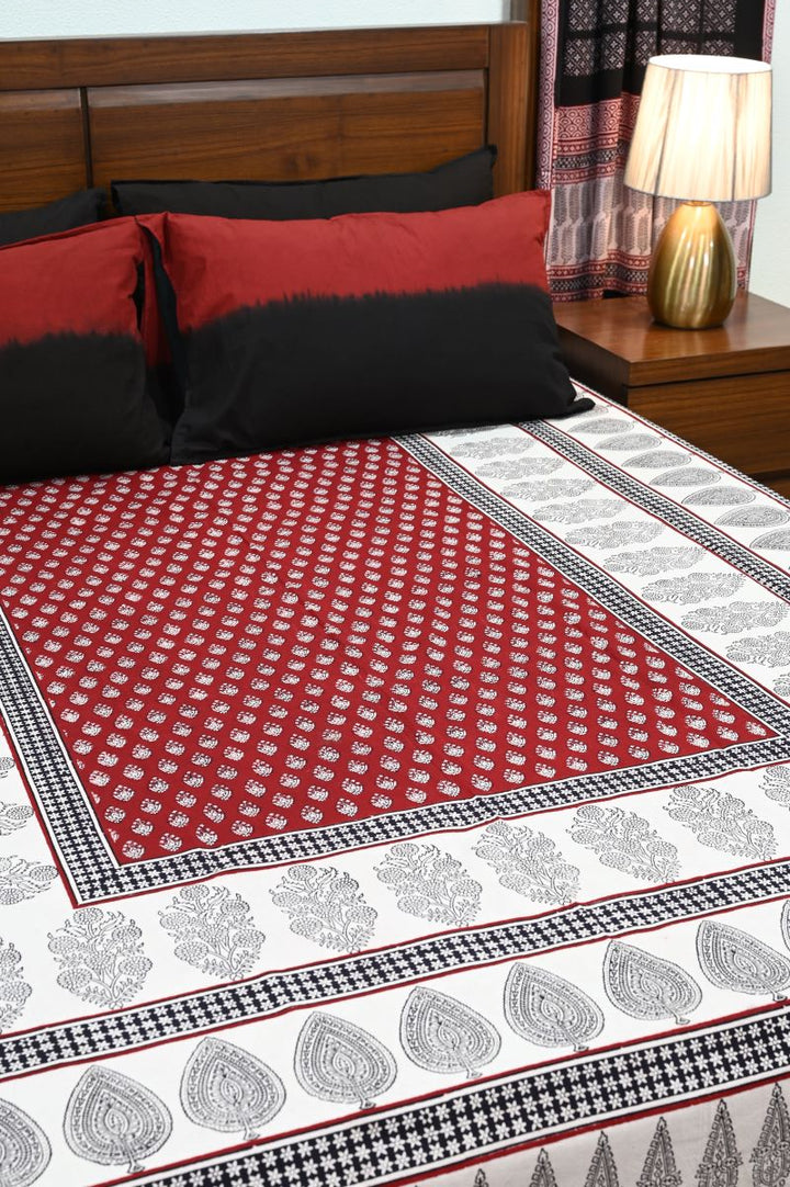 Black Red Bagh Block Print Cotton Bedsheet