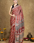 Red Leaf Bagh Hand Block Printed Modal Silk Saree