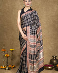 Black Paisley Bagh Hand Block Printed Modal Silk Saree