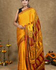 Yellow Hand Block Printed Modal Silk Bagh Saree