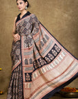 Black & Rust Bagh Hand Block Printed Modal Silk Saree