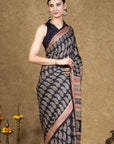 Black Hand Block Printed Modal Silk Bagh Saree