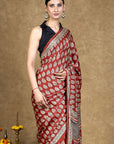 Red Leaf Bagh Hand Block Printed Modal Silk Saree