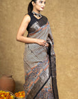 Black Stria String Dola Silk Ajrakh Saree