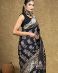 Black Dola Silk Ajrakh Saree