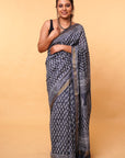 Blue Buti Dabu Print Maheshwari Cotton Silk Saree
