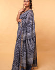 Blue Buti Dabu Print Maheshwari Cotton Silk Saree