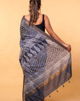 Blue Buti Dabu Print Maheshwari Cotton Silk Saree