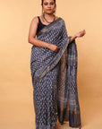 Blue Buti Dabu Print Maheshwari Cotton Silk Saree
