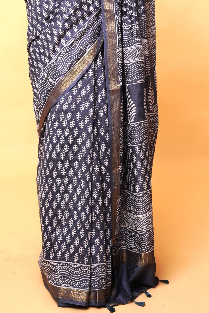 Blue Buti Dabu Print Maheshwari Cotton Silk Saree