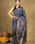 Blue Dola Silk Ajrakh Saree