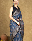 Blue Dola Silk Ajrakh Saree