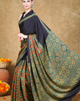 Green By Black Ajrakh Modal Silk Saree