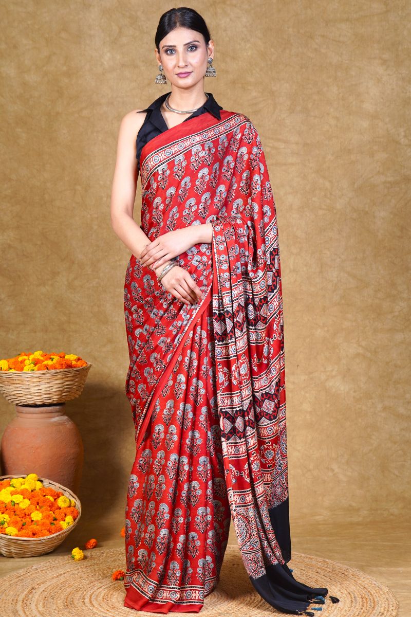 Red Modal Silk Ajrakh Saree