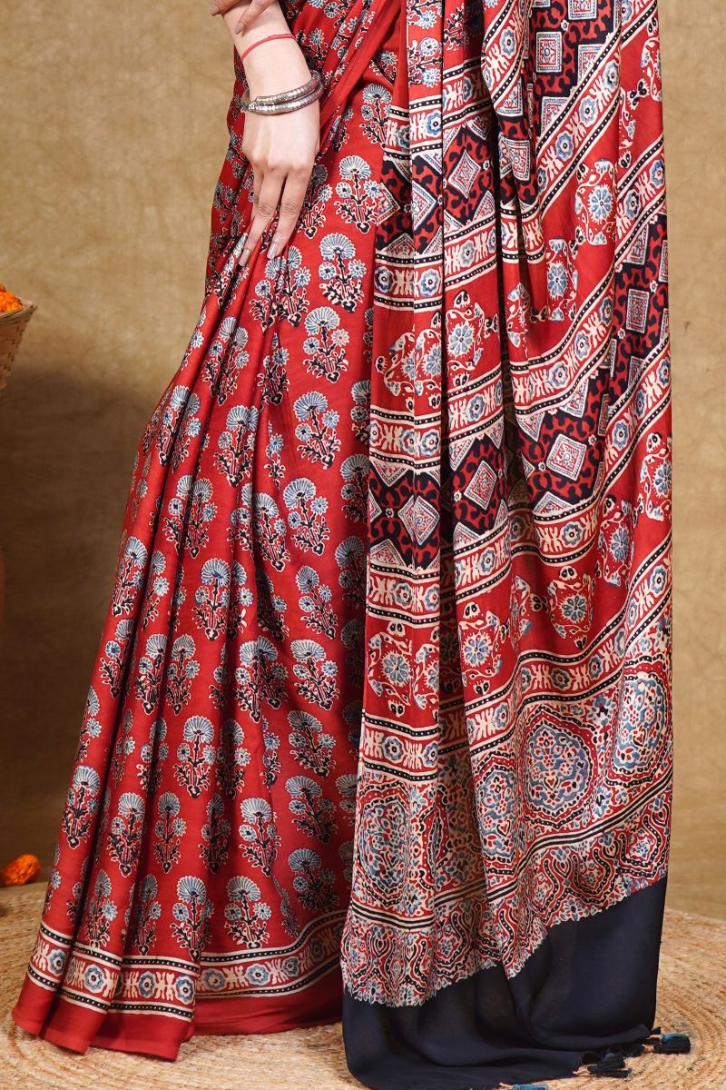Red Ajrakh Modal Silk Saree