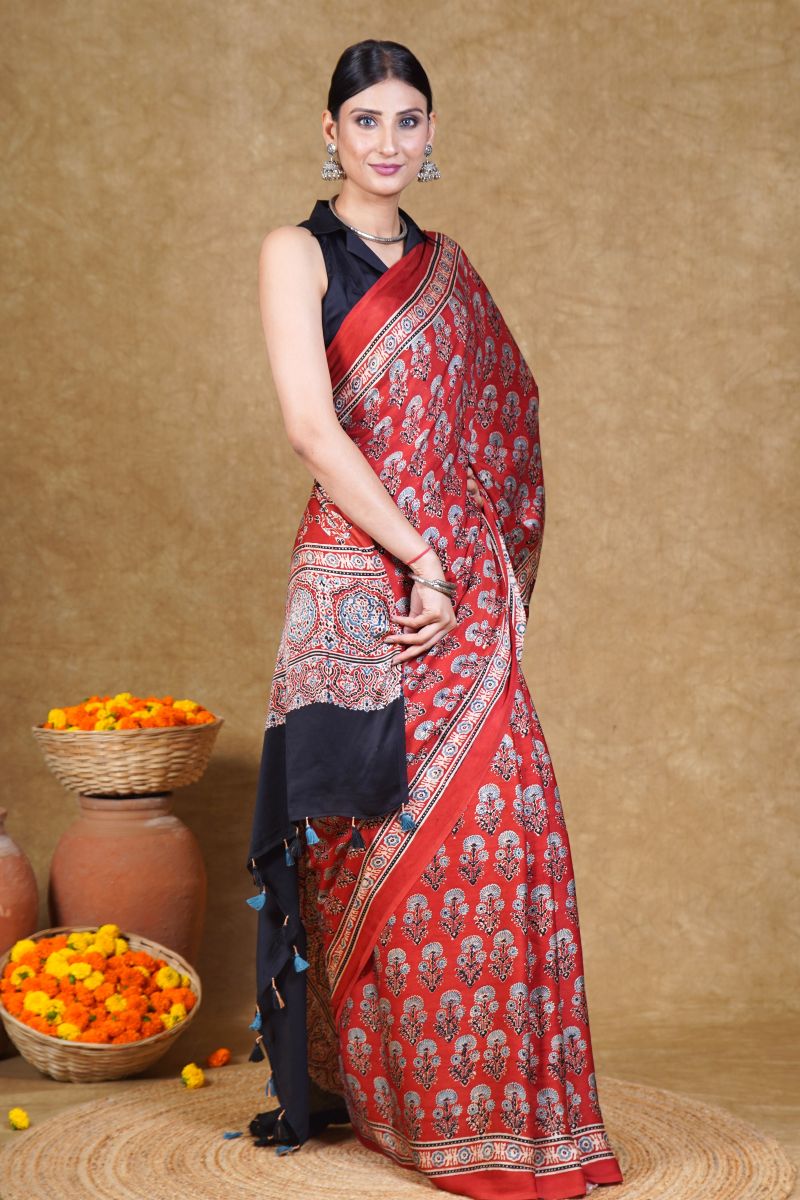 Red Ajrakh Silk Saree