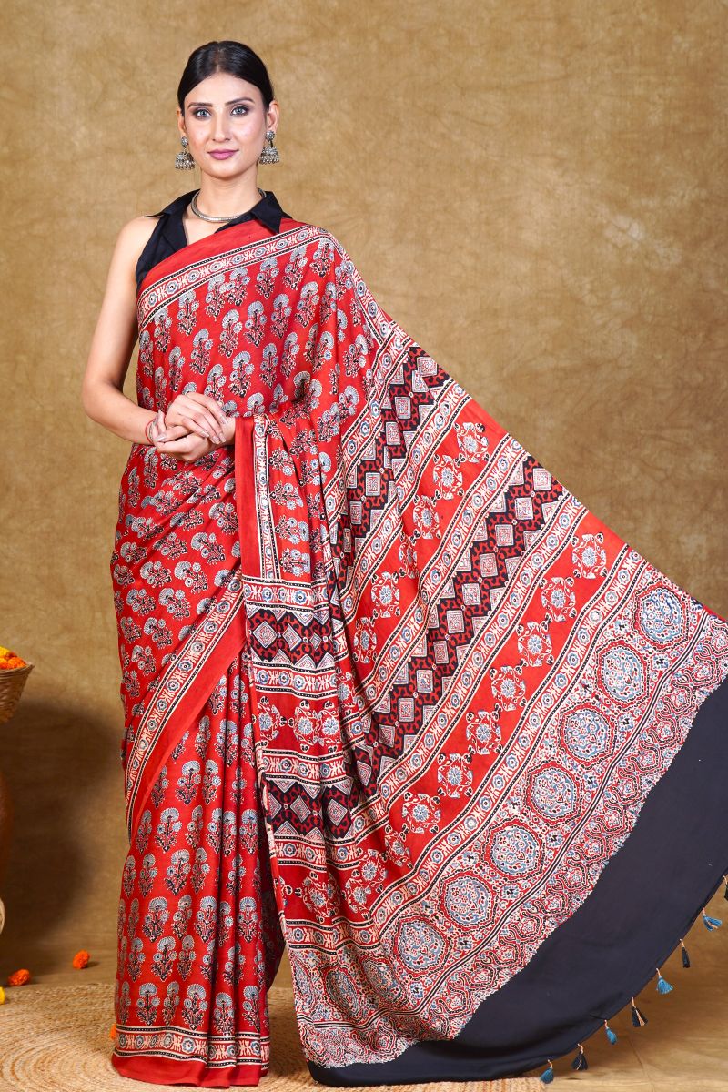 Ajrakh Silk Saree