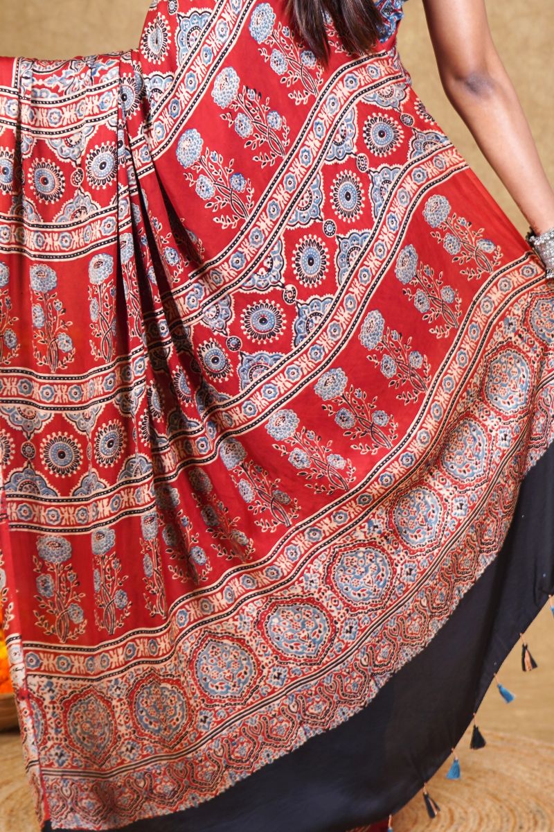 Red Ajrakh  Silk Saree