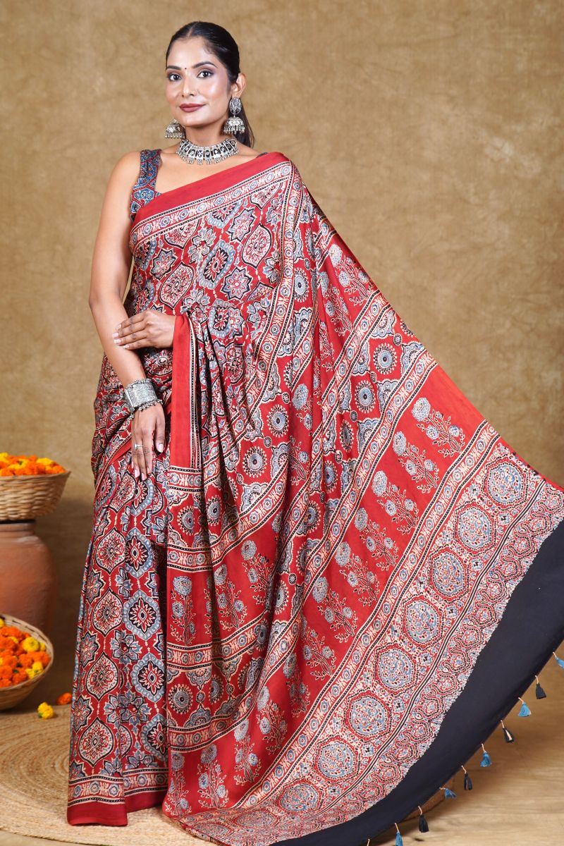 Red Ajrakh Modal Silk Saree