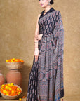 Black Paisley Ajrakh Modal Silk Saree