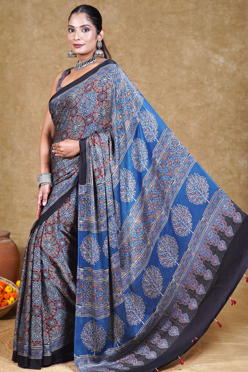 Blue Minkundi Ajrakh Modal Silk Saree