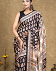 Black Red Paisley Bagh Hand Block Printed Modal Silk Saree