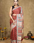 Red Diamond Leaf Bagh Hand Block Printed Modal Silk Saree
