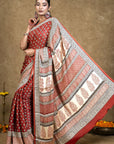 Red Diamond Leaf Bagh Hand Block Printed Modal Silk Saree
