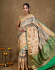 Grey Green Zari Tussar Silk Banarasi Saree