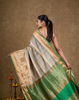 Grey Green Zari Tussar Silk Banarasi Saree