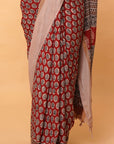 Red Block Print cotton Silk Saree