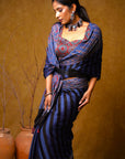 Blue Black Stria Ajrakh Modal Silk Saree