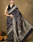 Black Beetel Ajrakh Dola Silk Saree