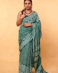 Green Polka Cotton Dabu Print Saree