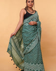 Green Polka Cotton Dabu Print Saree