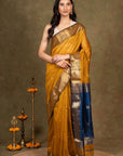 Zari Border Mustard Maheshwari Cotton Silk Saree