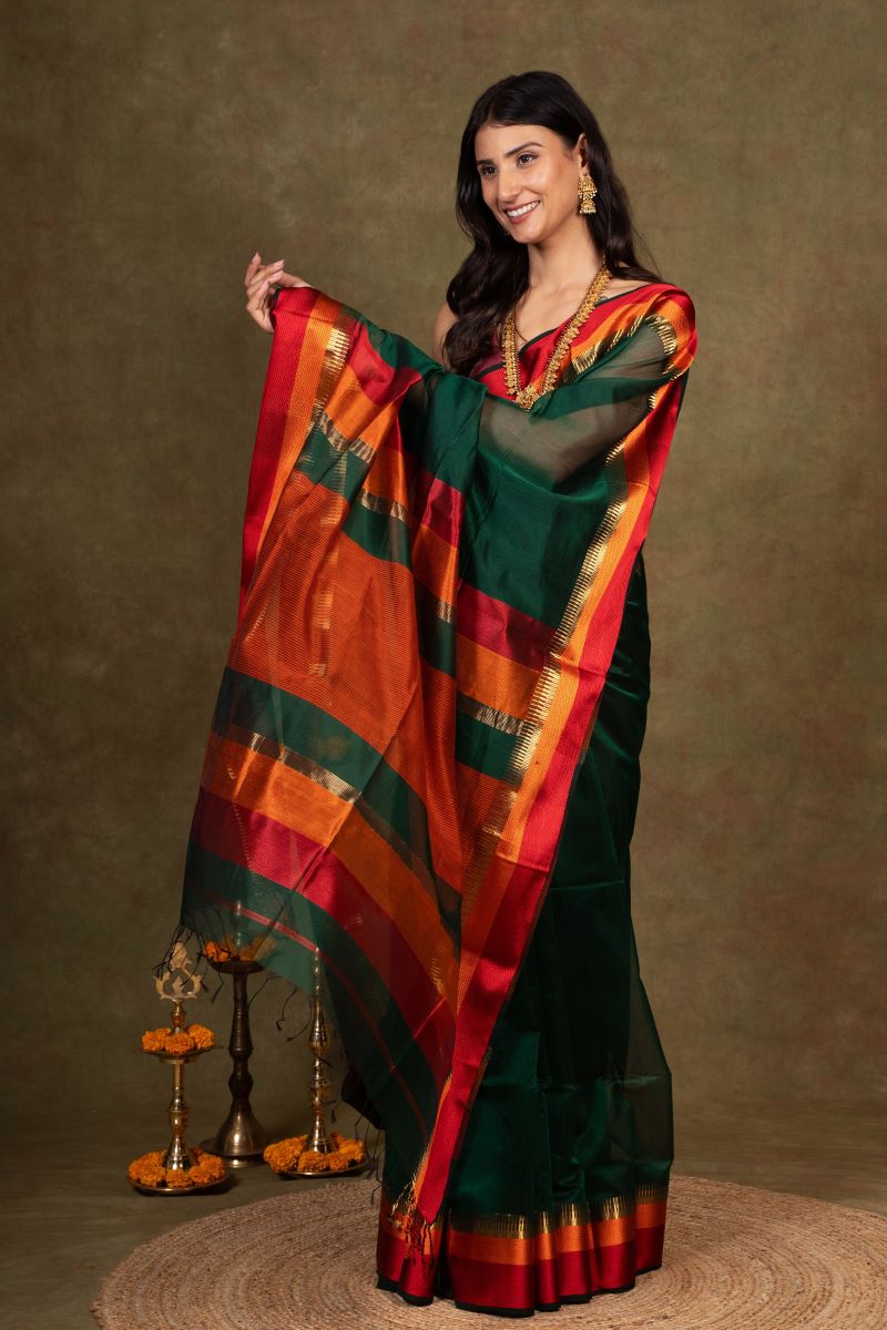 Green Resham Border Maheshwari Silk Saree