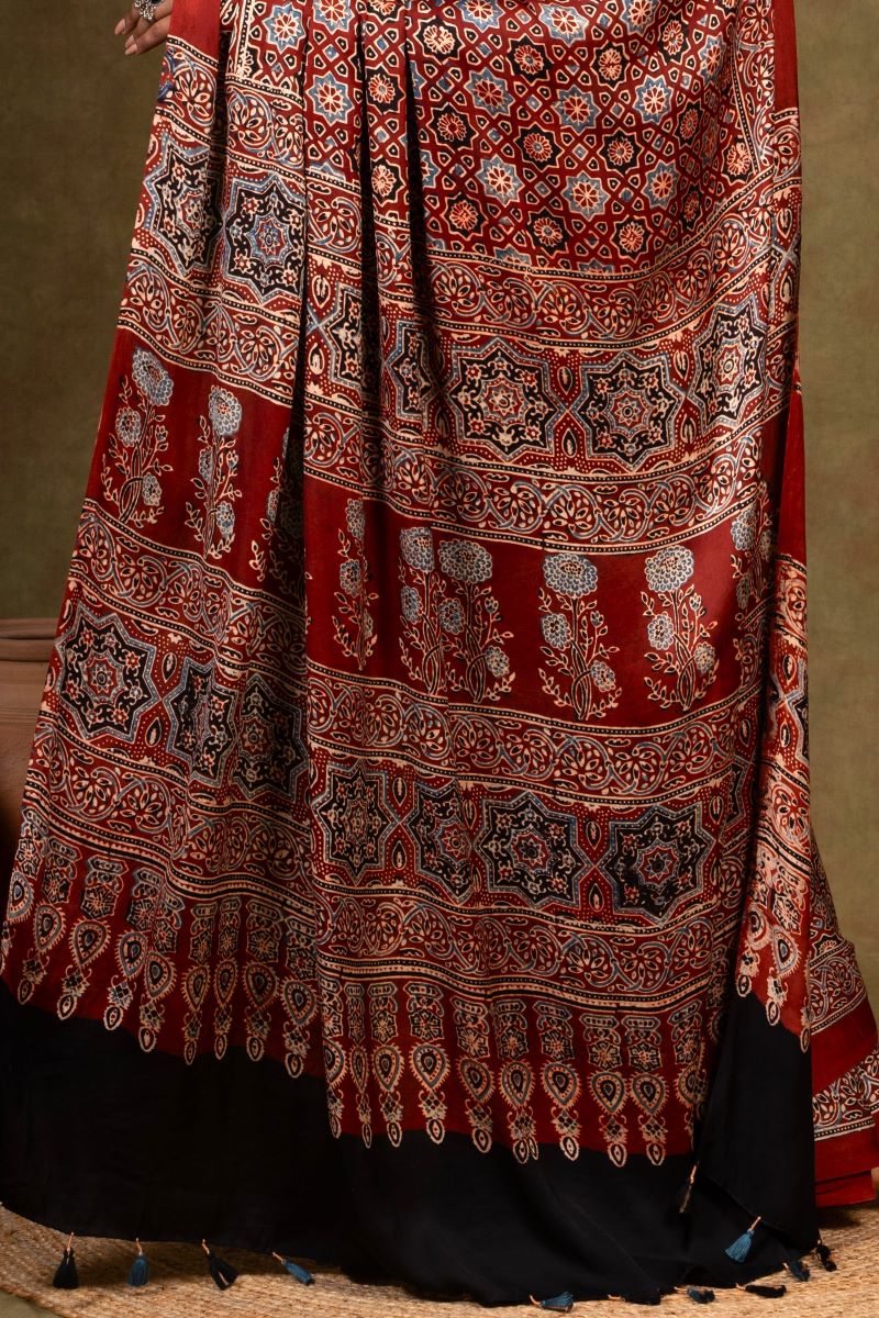 Maroon Starry Minkundi Ajrakh Modal Silk Saree