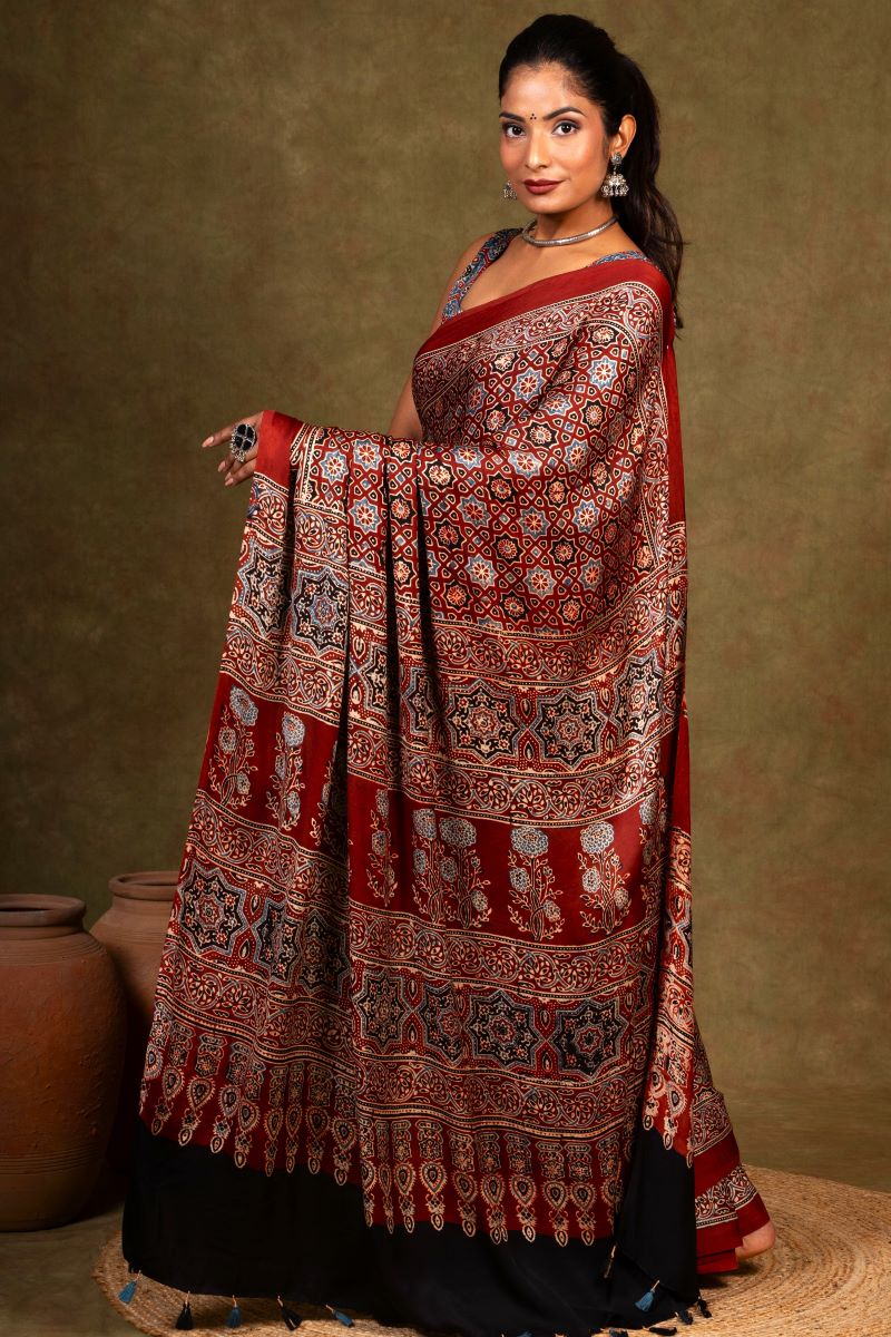 Maroon Starry Minkundi Ajrakh Modal Silk Saree
